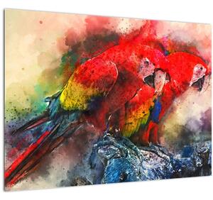 Skleněný obraz červených papoušků ara (70x50 cm)