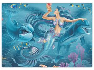 Obraz - Mořská víla s delfíny (70x50 cm)