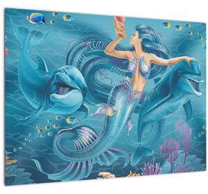 Skleněný obraz - Mořská víla s delfíny (70x50 cm)