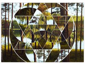Skleněný obraz - Geometrická koláž na pozadí severských lesů (70x50 cm)