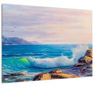 Skleněný obraz vln narážejících na útesy, olejomalba (70x50 cm)