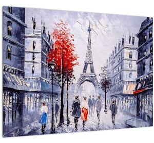 Skleněný obraz uličky v Paříži, olejomalba (70x50 cm)
