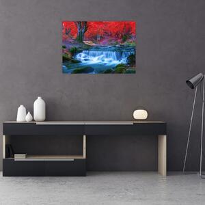 Obraz vodopádu v červeném lese (70x50 cm)