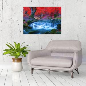 Obraz vodopádu v červeném lese (70x50 cm)
