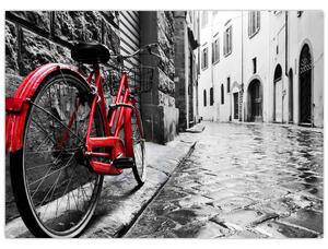 Obraz červeného kola na dlážděné ulici (70x50 cm)