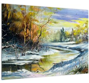 Skleněný obraz zimní řeky, olejomalba (70x50 cm)