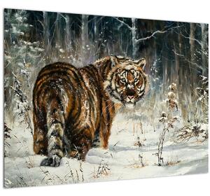 Obraz - Tygr v zasněženém lese, olejomalba (70x50 cm)