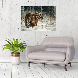 Obraz - Tygr v zasněženém lese, olejomalba (70x50 cm)