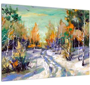 Obraz - Zasněžená cesta lesem, olejomalba (70x50 cm)