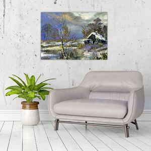Obraz chaloupky v zimní krajině, olejomalba (70x50 cm)