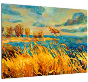 Obraz - Západající slunce nad jezerem, akrylová malba (70x50 cm)