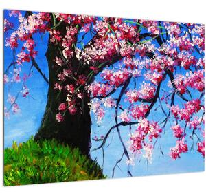 Skleněný obraz malované rozkvetlé třešně (70x50 cm)