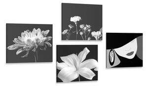 Set obrazů elegance ženy a květin v černobílém provedení Varianta: 4x 40x40