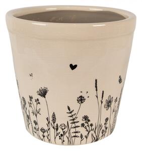 Béžový keramický obal na květináč s kresbou rostlinek Flora a Fauna – 21x20 cm