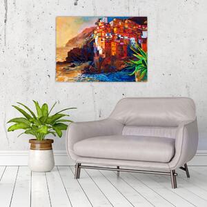 Obraz - Vesnice na pobřeží Cinque Terre, Italská riviéra, moderní impresionismus (70x50 cm)