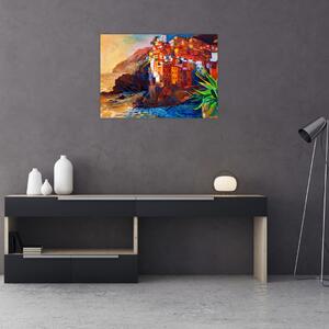 Obraz - Vesnice na pobřeží Cinque Terre, Italská riviéra, moderní impresionismus (70x50 cm)