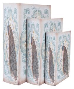 Sada 3 ks úložných boxů ve tvaru knihy s motivem páva a modrých ornamentů 27x22 cm / 22x17 cm / 17x12 cm