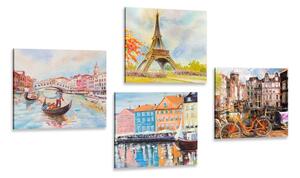 Set obrazů malované města v pastelových barvách Varianta: 4x 40x40