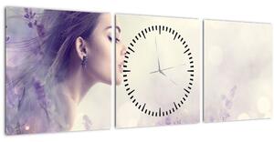 Obraz ženy s levandulemi (s hodinami) (90x30 cm)