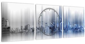 Obraz - Panorama města, modro-šedé (s hodinami) (90x30 cm)