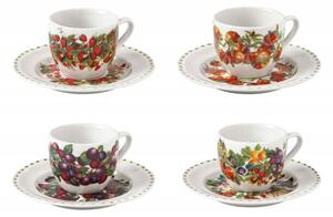 Sada 4 kusů porcelánových šálků s podšálky na kávu a čaj LE PRIMIZIE BRANDANI (barva - barevná,ovoce)
