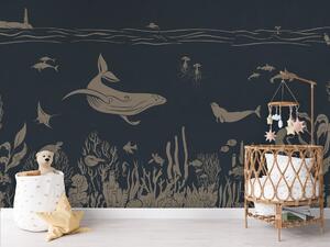 Tapeta podmořský svět - Monochrome Sea - Vintage blue | Fugu Materiál: Digitální eko vlies - klasická tapeta nesamolepicí