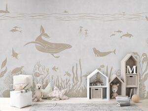 Tapeta podmořský svět - Monochrome Sea - Vintage white | Fugu Materiál: Digitální eko vlies - klasická tapeta nesamolepicí