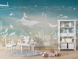 Tapeta podmořský svět - Monochrome Sea - Blue aqua | Fugu Materiál: Digitální eko vlies - klasická tapeta nesamolepicí