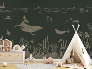 Tapeta podmořský svět - Monochrome Sea - Vintage green | Fugu Materiál: Digitální eko vlies - klasická tapeta nesamolepicí