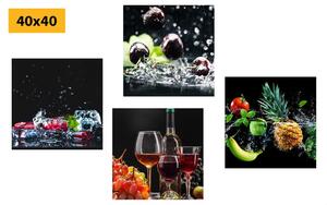 Set obrazů víno a kousky ovoce na černém pozadí Varianta: 4x 40x40