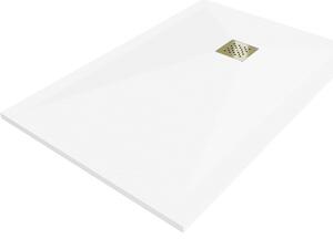 Mexen Stone+, obdélníková vanička z minerálního kompozitu 80 x 70 cm, bílá, zlatá lesklá krytka, 44107080-G