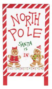 Červeno-bílá kovová vánoční cedule North Pole Santa is IN / OUT – 29x16x51 cm