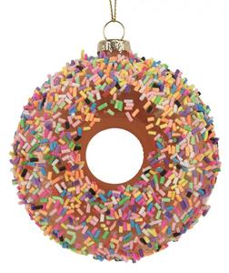 Skleněná vánoční ozdoba kobliha / donut s duhovou posypkou – 9x4 cm