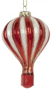 Červeno-bílá skleněná vánoční ozdoba horkovzdušný balon – 6x9 cm