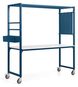 AJ Produkty Mobilní multifunkční stůl TEAMWORK, box na příslušenství, perforovaný panel, modrá/whiteboard deska