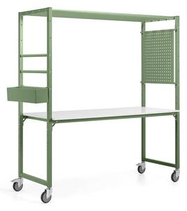 AJ Produkty Mobilní multifunkční stůl TEAMWORK, box na příslušenství, perforovaný panel, zelená/whiteboard deska