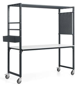 AJ Produkty Mobilní multifunkční stůl TEAMWORK, box na příslušenství, perforovaný panel, antracitová/whiteboard