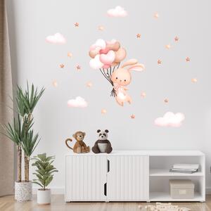 PIPPER. Textilní nálepka na zeď "Zajíček s balony - růžová"