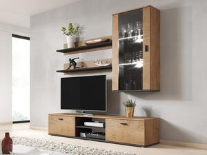 Obývací stěna Boho V, Osvětlení: osvětlení LED - modré, Barva: dub lefkas + dub lefkas + černá Mirjan24 5902928940572
