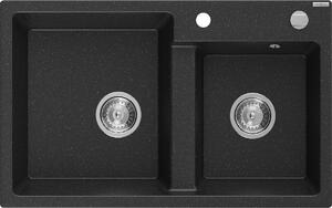 Mexen Tomas, granitový dřez 800x500x190 mm, 2-komorový, černá - stříbrná metalíza, 6516802000-73