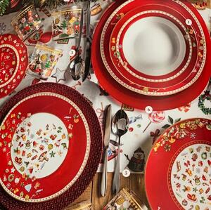 Vánoční jídelní porcelánová 18-ti dílná sada talířů CHICCHI E BALOCCHI červená BRANDANI (barva - červená)