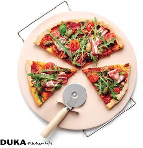 Pizza tác na pečení se stojanem a kráječem 33cm Pizza Stone DUKA (Barva - béžová, keramika)