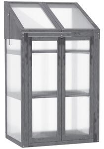 Outsunny Dřevěný Mini Skleník 70 x 50 x 120 cm, Skleník s Krytem, Okno, Dvojité Dveře, Světlo-Propouštějící Studený Rám se 3 Policemi, Zimní Ochranný