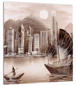 Obraz - Victoria Harbor, Hong Kong, sépiový efekt (30x30 cm)