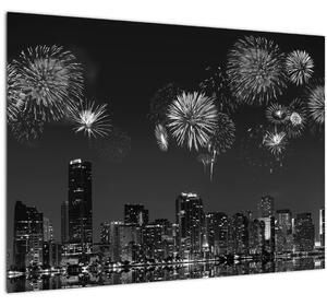 Skleněný obraz - Ohňostroj v Miami, černobílá (70x50 cm)