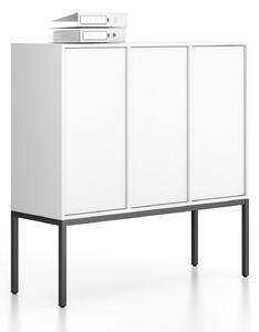 Kancelářská skříň FRAME, nízká, černá podnož, 3x dveře, 1299 x 450 x 1331 mm, PUSH-lock, bílá