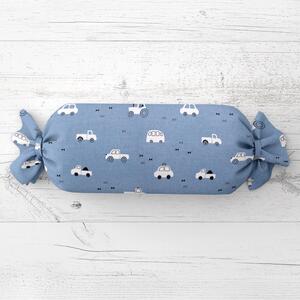 Biante Dětský polštář válec bonbon Sandra SA-589 Traktory a autíčka na modrém 15x40 cm