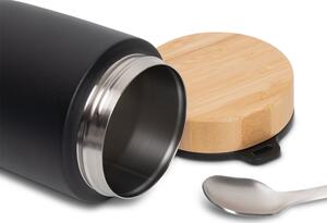 Velký termo dvoustěnný hrnek/kulatý box s bambusovým víčkem a lžicí černý 500ml RETULP (barva bambus,černá)