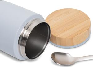 Velký termo dvoustěnný hrnek/kulatý box s bambusovým víčkem a lžicí šedý 500ml RETULP (barva bambus,šedá)