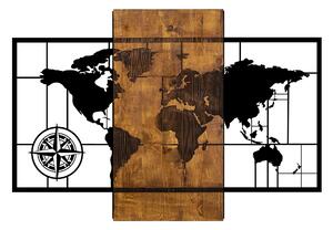 Wallexpert Dekorativní nástěnný dřevěný doplněk World Map With Compass, Ořech, Černá